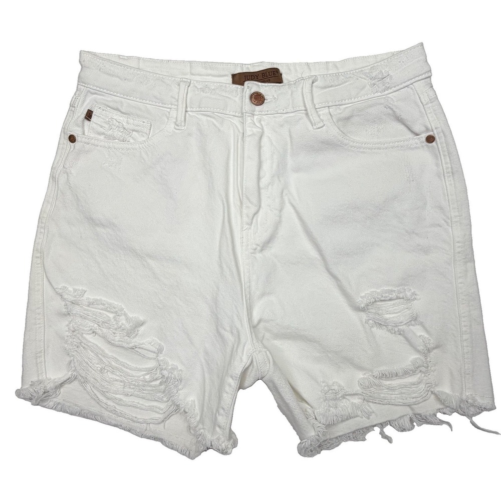 Judy Blue Women's XL White Distressed Denim Shorts Frayed Hem Cutoff